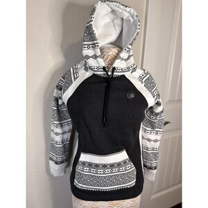 Hooey Hoodie Womens Sz Medium Black White Mayan Aztec Southwest Pullover Fleece